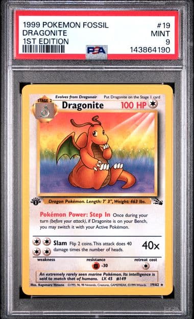 Slab real do cofre: Dragonite Holo, Fossil 1999, PSA 9